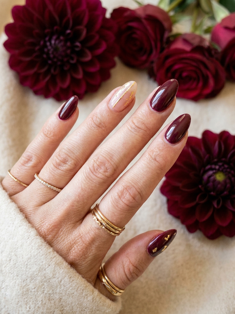 Burgundy and Gold Accent Nails als Fall Wedding Nails Inspiration 2026